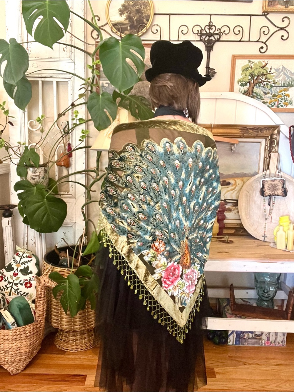 Vintage Kirks Folly Velvet "Empress Peacock" Triangular Shawl Silk Velvet - Picture 6 of 6